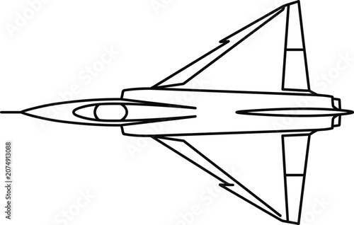 Bild auf Leinwand Top view black and white line drawing of a delta wing fighter jet aircraft