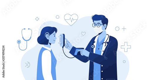 Medical Professional Checking the Patient's Temperature with Contactless Thermometer Vector