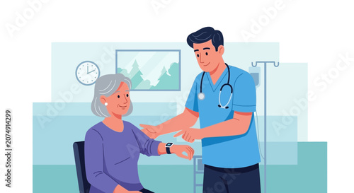 Medical Professional Checking the Smartwatch of an Elderly Patient in a Clinic Setting