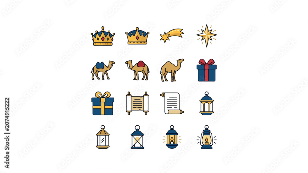 Fototapeta premium A collection of colorful flat icons depicting religious and holiday symbols including crowns camels gifts and lanterns.