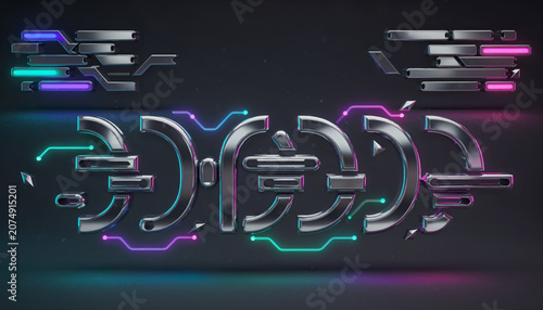 Neon-lit metallic chains glow in darkness with vibrant purple, blue, and pink hues.