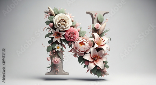 Floral Letter N Decorated with Roses and Lilies on a Light Background