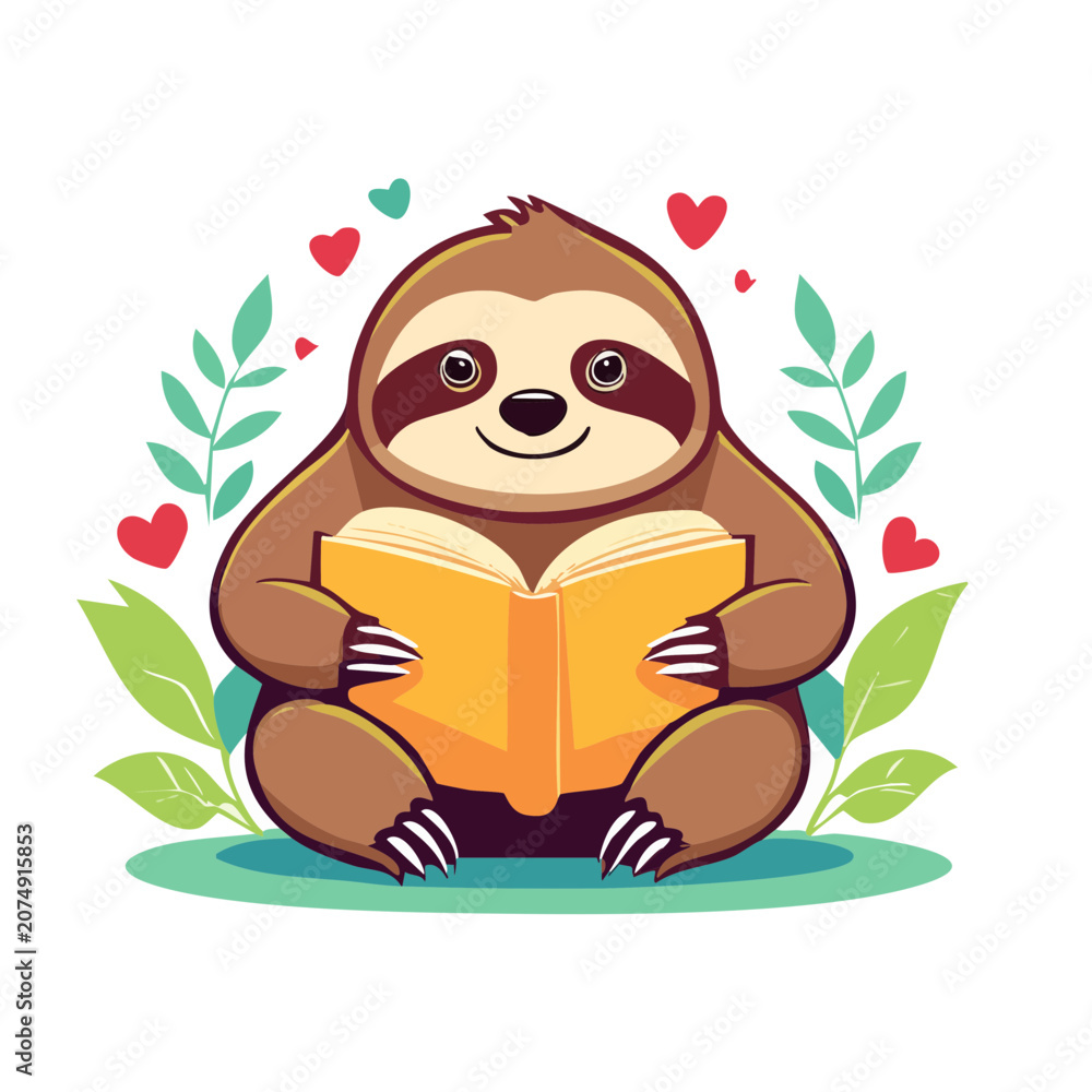 Naklejka premium Cute cartoon sloth reading a book illustration