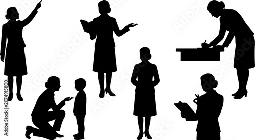 Silhouettes of a female teacher in various poses and situations vector illustration