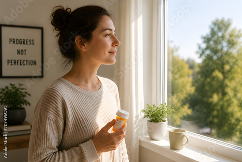 Person looking peacefully through bright window while holding prescribed medication, recovery, treatment adherence and optimism concept