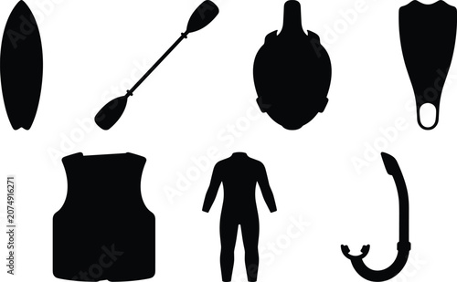 Foto Set of water sports equipment silhouettes surfboard paddle helmet flipper life j