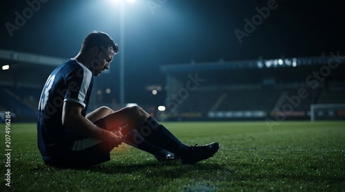 Injured male soccer player sitting on the grass field at night, clutching his knee in pain during a match in a stadium.