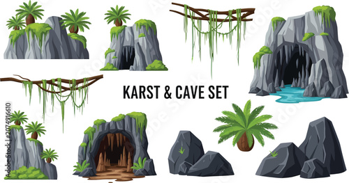 Bild auf Leinwand A collection of vectorstyle illustrations featuring cartoon karst rock formation