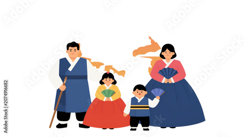 Foto Family of three receiving colorful paper lanterns from two cheerful helpers in a