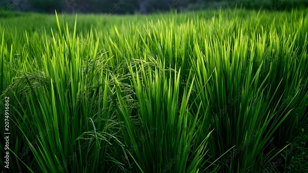 Fototapeta premium A lush rice paddy field is beautifully illuminated with soft lighting and subtle shadows creating a tranquil and intriguing landscape