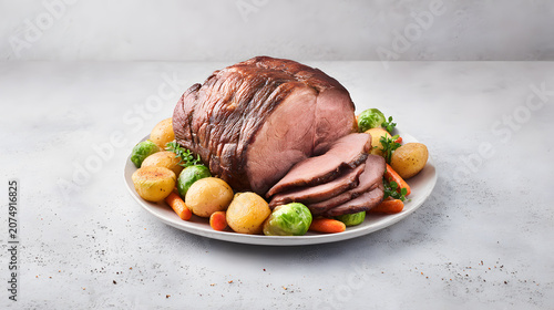 Roast beef dinner with potatoes carrots and Brussels sprouts on a plate