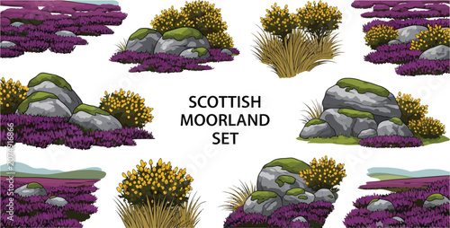 Schilderij op canvas A digital illustration set of Scottish moorland elements featuring mossy boulder