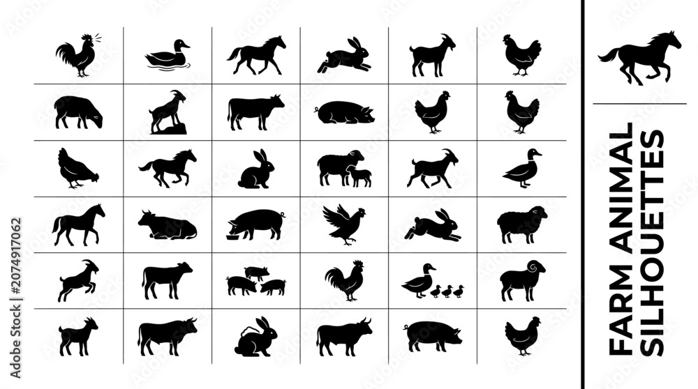 Fototapeta premium Diverse Collection of Farm Animal Silhouette Icons Set Featuring Livestock and Poultry Varieties for Agricultural Design Projects (54)