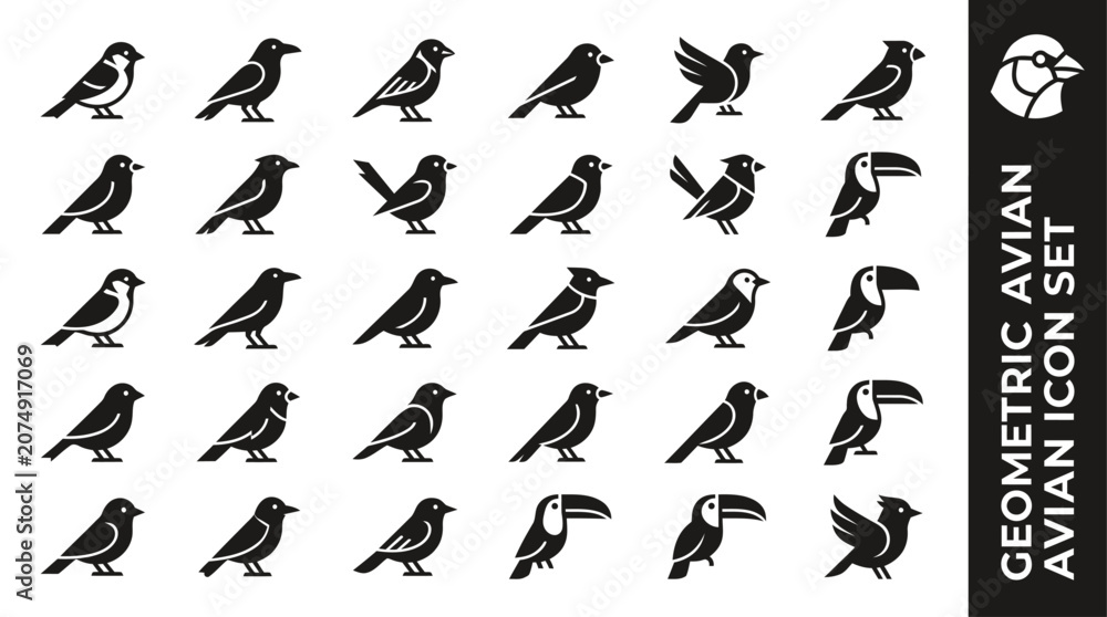 Obraz premium Geometric bird silhouette icon set featuring various avian species for nature and wildlife design projects