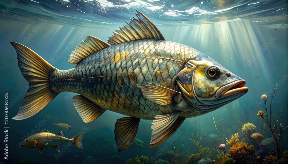 Fototapeta premium A large, detailed fish swims underwater, illuminated by sunlight filtering through the water