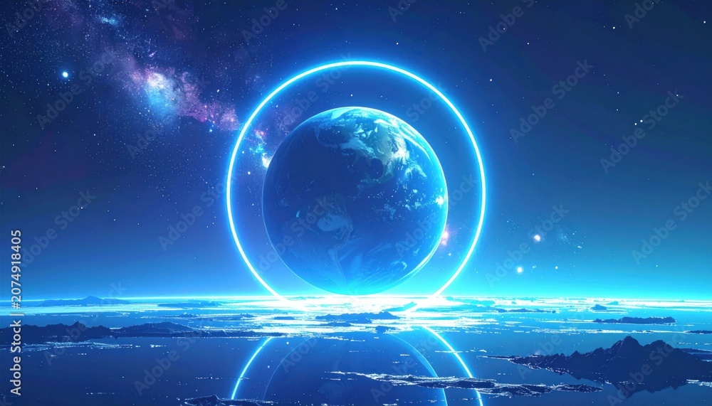 Fototapeta premium Cosmic scene depicts Earth encased in glowing ring, with nebula backdrop and water reflection