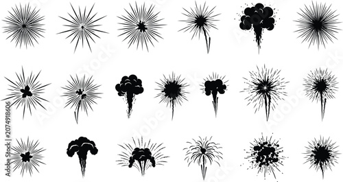 Fotografie Vector set of black explosion bursts and smoke cloud silhouettes for action comi