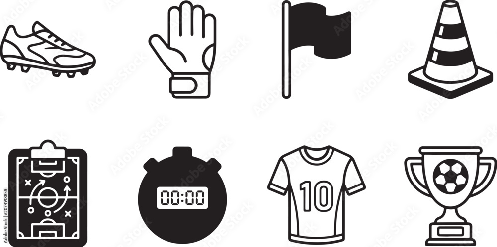 Fototapeta premium Soccer football sport equipment and training vector icon set with jersey boots stopwatch and trophy