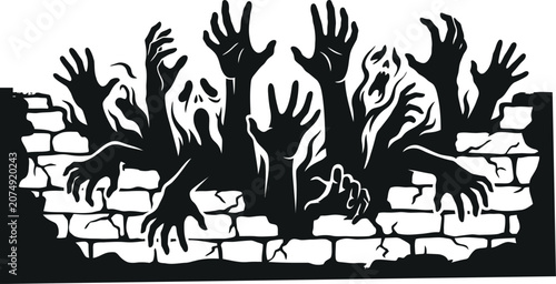 Tableau sur toile Scary Halloween background with black silhouettes of undead rising from broken w