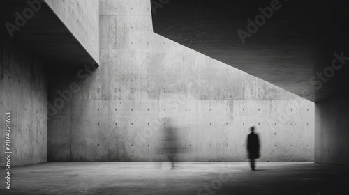 Monochrome motion blurred figure dissolving into linear architectural patterns, harsh concrete planes and grid structures, oversized inhuman scale, abstract urban dystopian composition.
