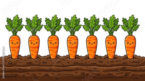 Smiling cartoon carrots growing in soil