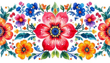 A vibrant, colorful floral border. Watercolor-style blossoms in red, orange, and blue are arranged along a horizontal axis. Decorative leaves complete the design