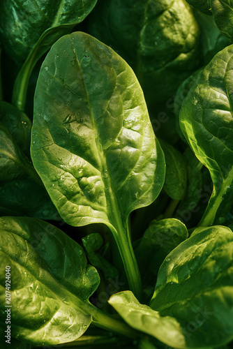 Vibrant green spinach leaves are seen in a garden, catching sunlight and showing dew drops. The lush foliage represents healthy growth and nurturing conditions, inviting viewers into nature.