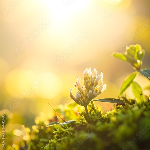 White flower in green mossy field.