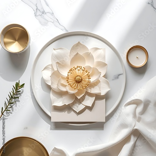 White lotus flower on plate with candles.