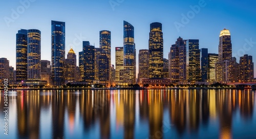 An expansive urban skyline at dusk with glowing skyscraper windows, dense metropolitan architecture, and a river reflecting distant lights, twilight, dark, metropolitan