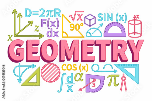 Colorful geometry math concept with various symbols and tools
