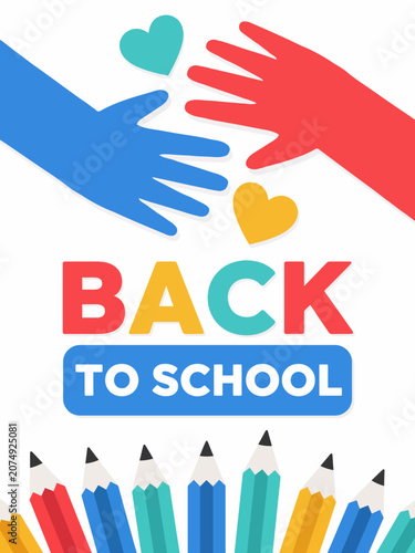 back to school colorful illustration with hands hearts and pencils
