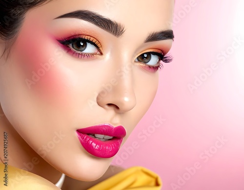 Woman with colorful makeup and pink lips.