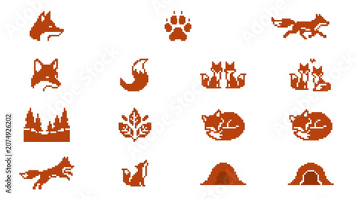 Wild fox and nature pixel art icon collection