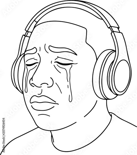 Outline illustration of a man crying with headphones on