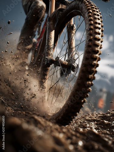 Mountain bike wheel kicking up dirt and mud on rugged terrain