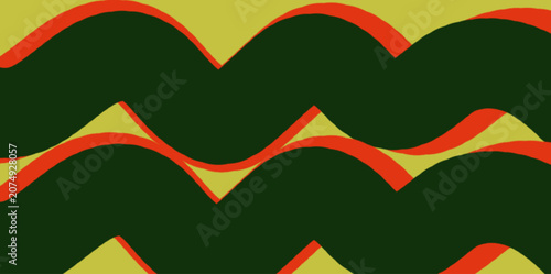 Bold seamless-style geometric wave pattern in dark green, red and yellow colors. Modern decorative backgrounds.