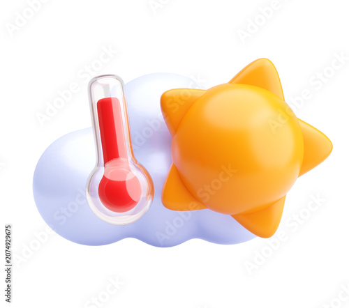 Tableau sur toile Modern 3D Render Glossy Hot Summer Weather Sun Cloud Thermometer Heat Temperatur