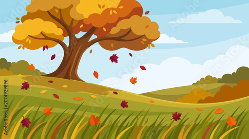 Autumn landscape with a vibrant tree shedding colorful leaves on a grassy hill