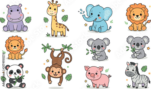 Photography Cute safari jungle animals vector set with cartoon baby elephant, lion, giraffe, monkey, hippo, panda, koala, zebra, and pig isolated on white background