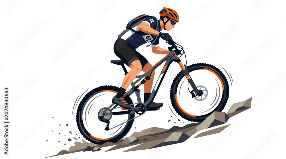 Fototapeta premium Cyclist riding mountain bike down hill trail in action with speed