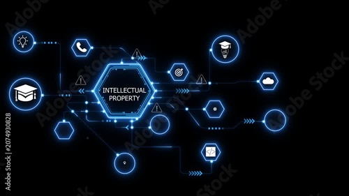 Protecting ideas and innovations through digital networks, intellectual property management animation with connected data systems and security logic. 4k animation video on transparent background.