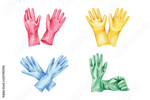 Bild auf Leinwand set of Watercolor Rubber Gloves Clipart, Cleaning Protection vector illustration