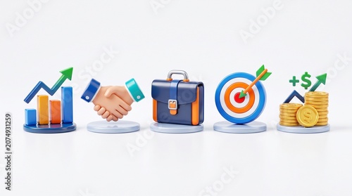 Modern 3D Business Icon Pack with Growth Chart, Handshake and Financial Success Symbols on White Background