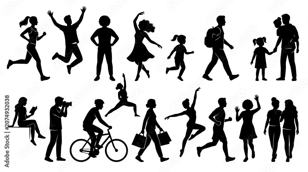 Obraz premium Black silhouette people icons, human figures, fitness and lifestyle illustrations, 20 vector graphics isolated on White Background flat vector eps silhouette