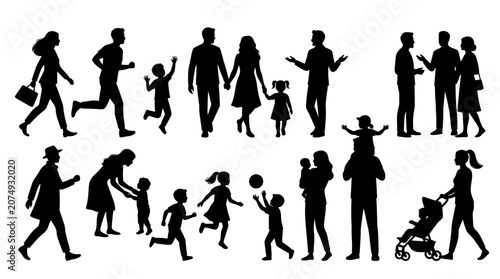 Family, people, silhouettes, icons, black, vector graphics, family members, parents, children isolated on White Background flat vector eps silhouette