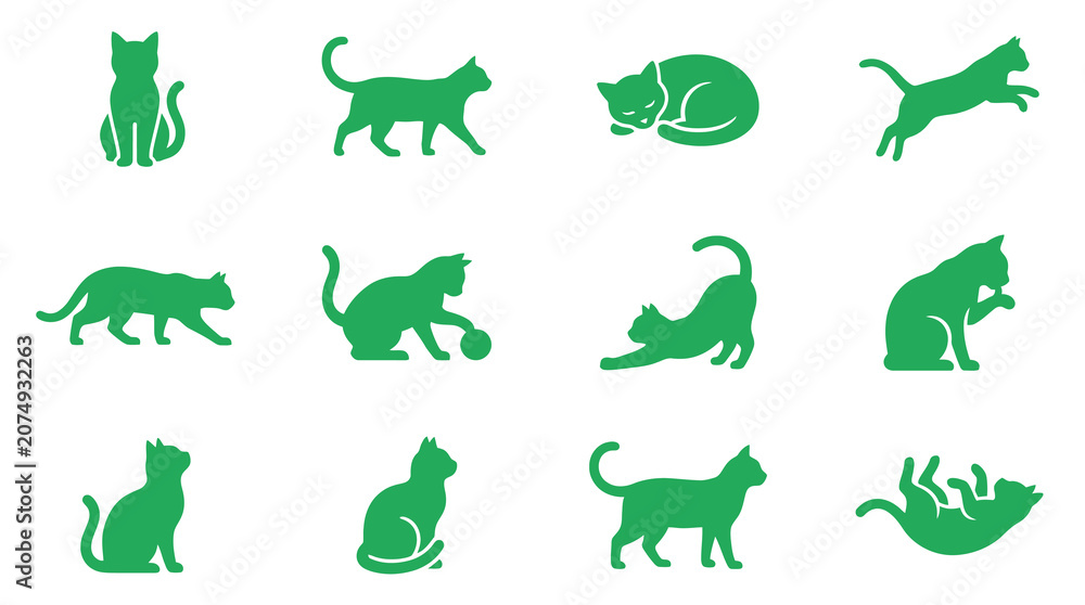 Fototapeta premium Green playing and sitting cat silhouette icons.