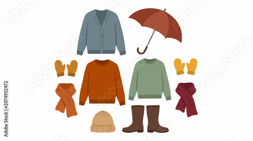 Autumn and Winter Clothing Accessories Flat Lay Vector Illustration Set
