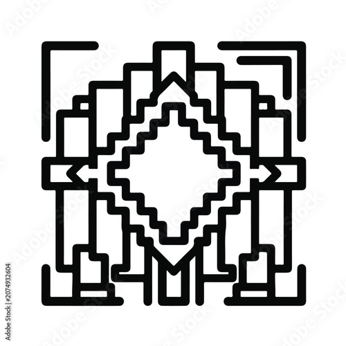 Symmetrical black and white geometric line art featuring pixelated shapes and central diamond for modern minimalist digital branding