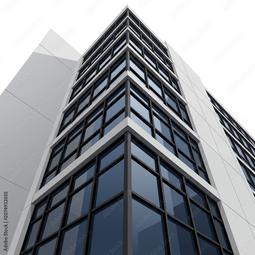 Obraz premium Low-angle view of a sleek modern skyscraper building with many windows and a gray exterior